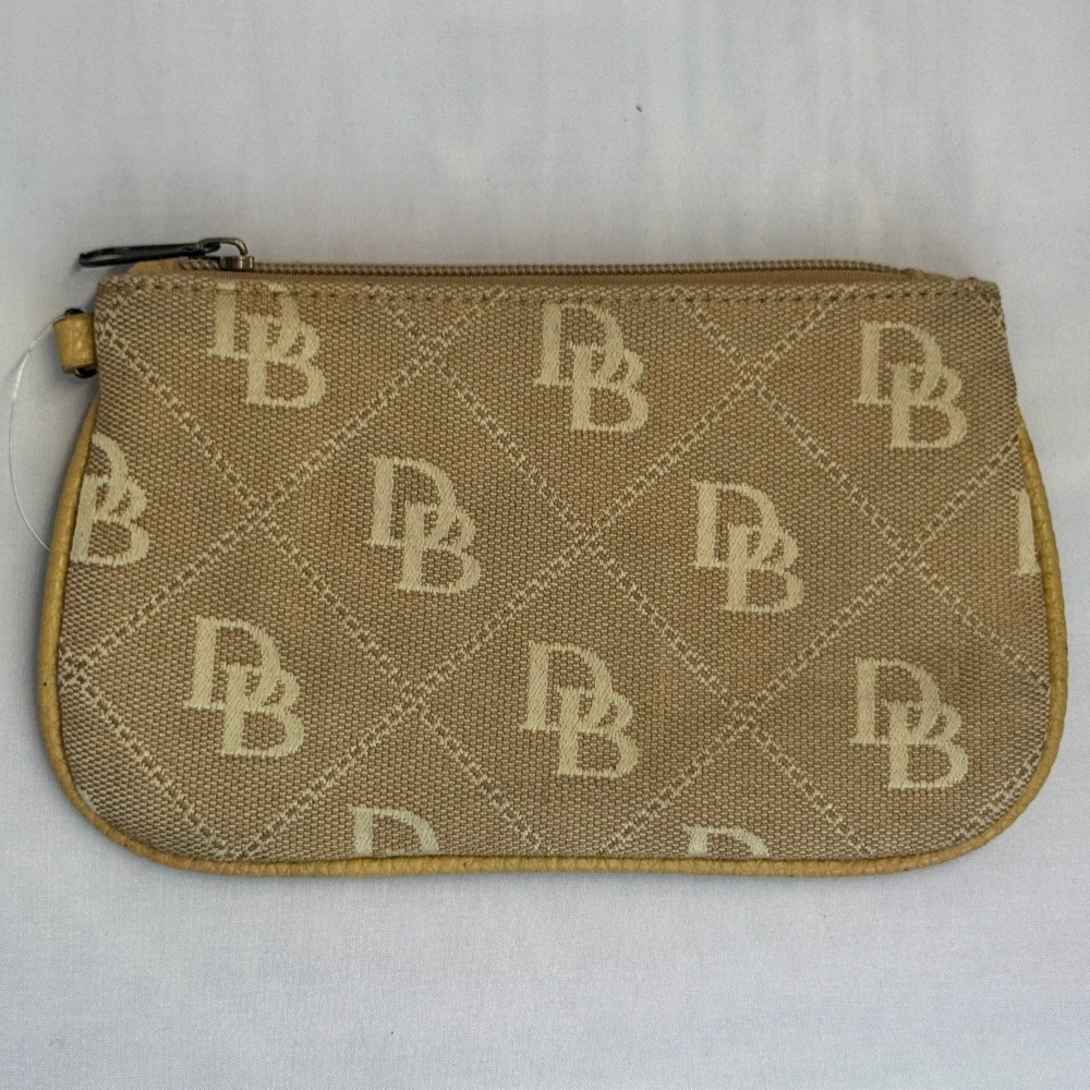 Dooney & Bourke Signature Monogram Pouch Tan Cream Canvas Leather Zip Clutch